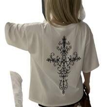Camiseta de manga corta 100% algodón, estilo europeo y americano de verano, a la moda, holgada, única, de talla grande, que estiliza la figura para mujer. - Negro - Ver 6