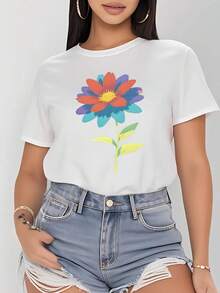 Camiseta manga corta cuello redondo 100% algodón, estampado trendy, tejido ligero y ventilado, estilo moda casual, apta para vida diaria, salidas informales y citas en primavera, verano y otoño - Blanco - Ver 7