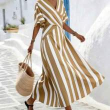 Holidaya Women's Yellow Striped Loose Vacation Spring/Summer V-Neck Fit-And-Flare Dress, Suitable For Vacation, Casual, Home And Daily Activities - Caqui - Ver 1