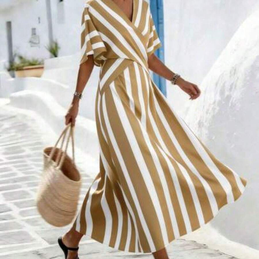 Holidaya Women's Yellow Striped Loose Vacation Spring/Summer V-Neck Fit-And-Flare Dress, Suitable For Vacation, Casual, Home And Daily Activities - Caqui - Ver 1