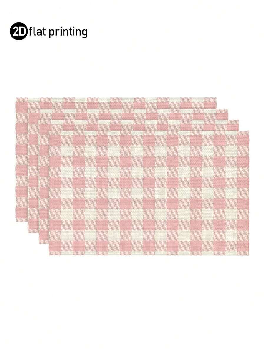 4/6pcs Bohemian Style Minimalist Plaid Print Linen Placemats, Non-Slip Square Farmhouse Style Dining Table Mats, Washable Kitchen Coasters, Coffee Table Mats, Heat Insulation Pads, Suitable For Wedding, Dining, Party And Home Decor - Baby Pink - View 1