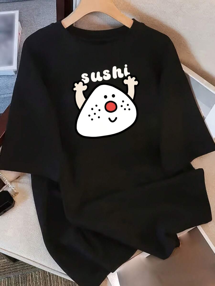 Women's Loose Fit Crew Neck T-Shirt, Versatile For Summer 2025, Comfortable, Casual, Youthful, Short Sleeve, Cartoon Print, Regular Fit, For All Seasons, Y2k Style - 黑色 - 查看 1