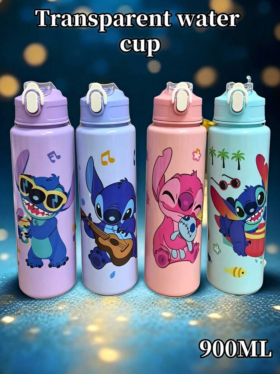 1pc 900ML Stitch Space Cup With Strap, Portable Plastic Cup, Large Capacity Outdoor Sports Water Bottle, Bright Water Cup, Gym Water Bottle, Drinkware > Sports Water Bottle, Suitable For Valentine's Day And Back To School Gifts, 3D Pop-Up Water Bottle, Special Summer Water Bottle For Elementary Students, Tritan Material Direct Drinking Cup, Sports Water Bottle - Multicolor - View 1
