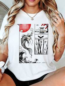 Camisetara mujer estilo arte asiático con pez koi, flor de cerezo y puerta torii - Top hoado con estampado gráfico de sol rojo, bambú y olas, camiseta suave y casual de verano, regalo perfecto para amigos y familiares - Blanco - Ver 2