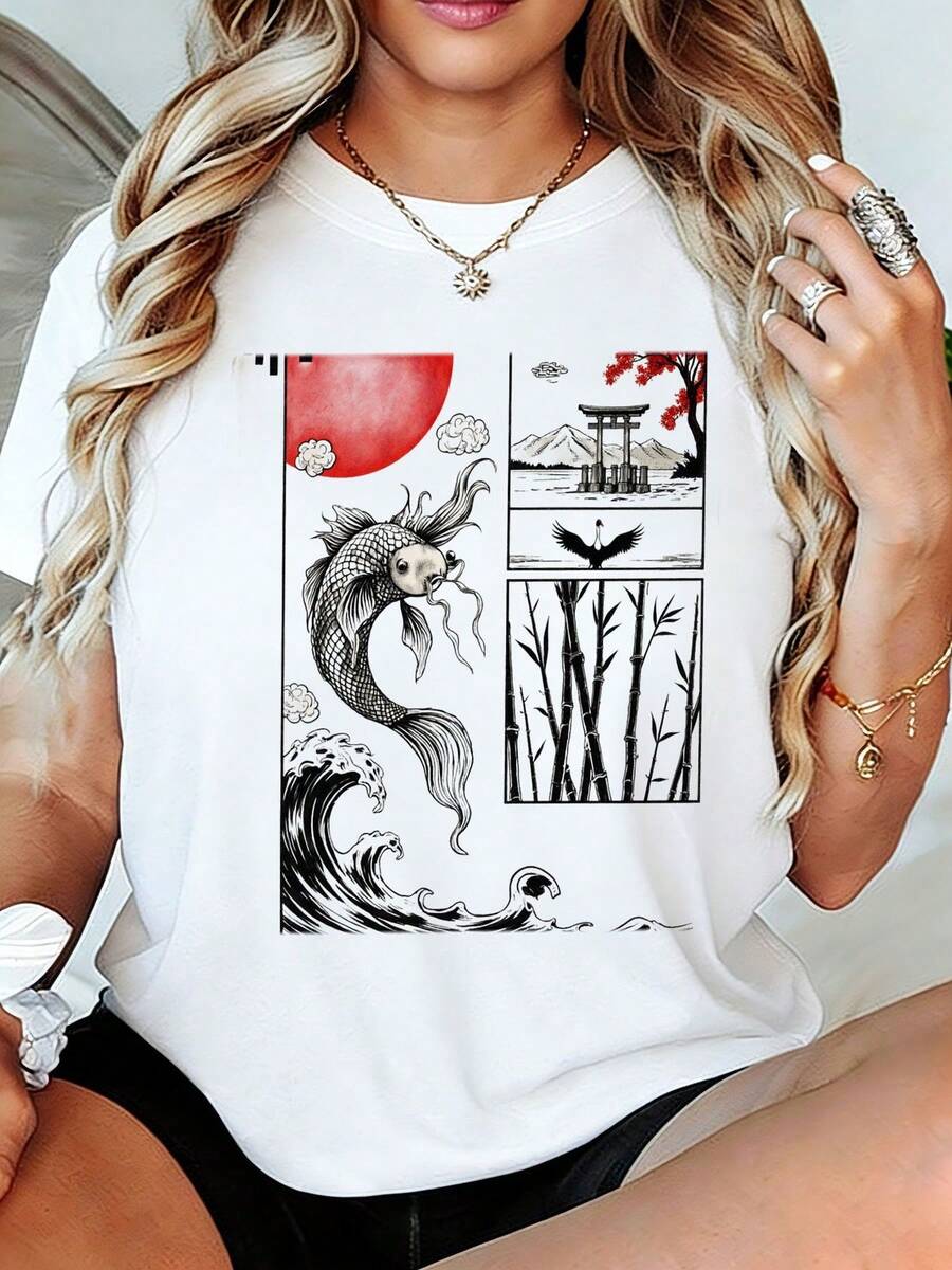 Camisetara mujer estilo arte asiático con pez koi, flor de cerezo y puerta torii - Top hoado con estampado gráfico de sol rojo, bambú y olas, camiseta suave y casual de verano, regalo perfecto para amigos y familiares