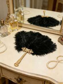 1pc Vintage Palace Style Luxury Feather Fan, Decorated With Gold Carved Diamonds And Pearl Handle, Hanfu Cheongsam Photography Prop, Elegant Party Ball Hand Fan, Fashionable Home Decor Fan, Graduation Celebration, Summer Essential Portable Tool - Multicolor - View 2