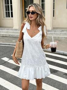 Vestido corto de verano para mujer con escote en V profundo, sin mangas, estampado floral, dobladillo con volantes, espalda suelta y ajuste A, ideal para vacaciones, vestido de invitada de boda, ropa de verano y primavera - Blanco - Ver 7