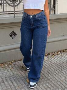 Women's Casual Loose Straight Leg Jeans - Dark Wash - View 2
