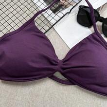 Sujetador tipo camiseta popular, sujetador deportivo sin espalda con tirantes finos para mujer, con soporte ligero, top corto para gimnasio, sujetador de yoga sin costuras con almohadilla plisada, primavera - Morado - Ver 4