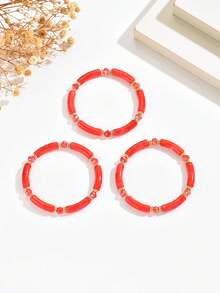1 Set Vibrant Vintage Translucent Curved Tube Faceted Red Bracelet For Women Party & Travel - Red - View 6