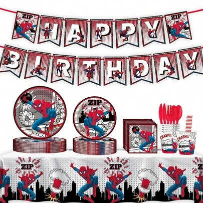 New Spider-Man Party Supplies Birthday Tableware Set, Disposable Tablecloth, Paper Plates, Banner, Atmosphere Decoration