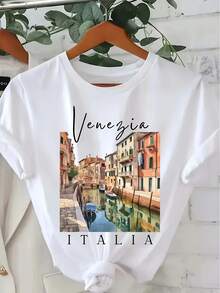 1 pieza de camiseta estampada con temática de viajes estilo italiano - top con patrón de texto del Canal de Venecia, camisa casual de licra elástica para vacaciones, lavable a máquina, manga corta para mujer, ropa de verano, jersey de moda, ajuste cómodo, 180g 100% algodón. - Blanco - Ver 1