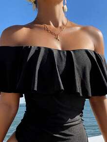 Swim Vcay Traje de baño de una pieza de estilo bohemio para mujer con volantes elegantes y cordones en los laterales, ideal para la primavera y los resorts de verano - Negro - Ver 3