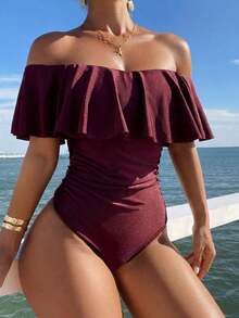 Swim Vcay Traje de baño de una pieza de estilo bohemio para mujer con volantes elegantes y cordones en los laterales, ideal para la primavera y los resorts de verano - Burdeos - Ver 5