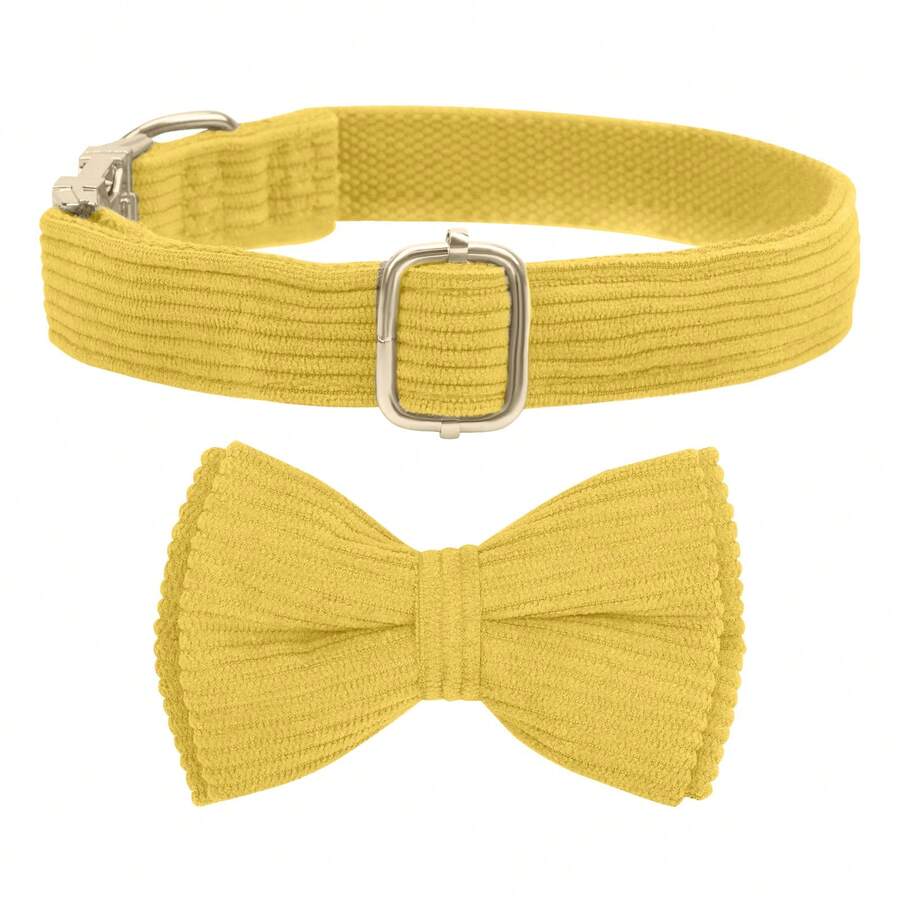 Corduroy Dog Collar With Dog Bow Tie, Soft Quick Release Basic Dog Collars For Small Medium Dogs, Large Dogs, Adjustable Dog Collar - Yellow - View 1