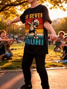 "Fun Six Seven Bruh" Internet Meme T-Shirt For Boys And Girls - Design With Number "67" And Dab Dance Pose - Casual Crew Neck, Comfortable For All Seasons,  Gift For Young People - "67" Graphic And "Bruh" Text, Spring/Summer Holiday Wear - Black - View 6