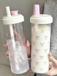 1个粉色蝴蝶结装饰500毫升/700毫升水瓶，珍珠奶茶风格夏季水杯，大容量加粗吸管塑料杯，适合女性和学生，旅行、日常使用、户外露营，女性礼物 - 彩色 - 查看 3