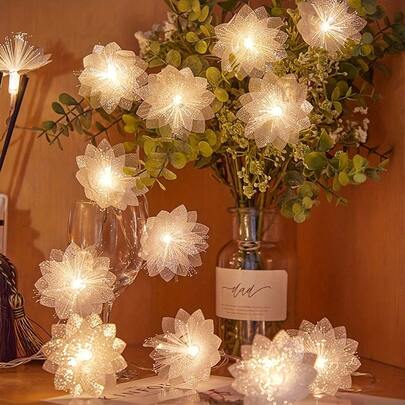1pc LED Fiber Optic Flower String Light, Indoor Decor Lamp, Battery Powered 2M 10LED Fiber Flower Lights, Artificial Flowers For Home Decor, Wedding, Christmas, Party, Room, Bedroom (Batteries Not Included), Valentine's Day, Christmas, New Year, Wedding Decoration, Artificial Flower Garland