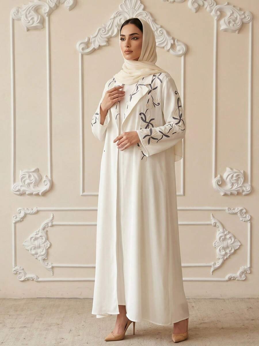 Hafizah 时尚刺绣女式长袍开衫 - 白色 - 查看 1