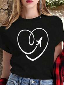 Black Fitted T-Shirt With Airplane And Heart Graphic, Minimalist Travel Lover Shirt, Casual Aesthetic Vacation Blouse, Adventure Gift. Suitable As A Gift. Women's T-Shirt. Elegant Blouses. Boho Chic. Exquisite Printed Crew Neck T-Shirt For Women, Ideal For Various Seasons, Perfect For Vacations, Travel, And Holidays. - Black - View 1