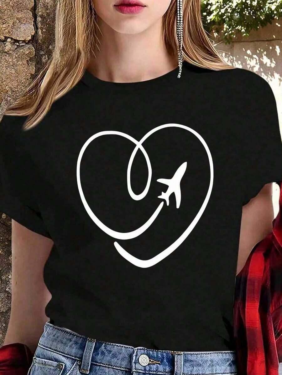 Black Fitted T-Shirt With Airplane And Heart Graphic, Minimalist Travel Lover Shirt, Casual Aesthetic Vacation Blouse, Adventure Gift. Suitable As A Gift. Women's T-Shirt. Elegant Blouses. Boho Chic. Exquisite Printed Crew Neck T-Shirt For Women, Ideal For Various Seasons, Perfect For Vacations, Travel, And Holidays. - Black - View 1