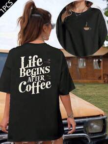Camiseta Gráfica para Amantes del Café, Camiseta de Algodón de Manga Corta con Cuello Redondo, Estampado de Doble Cara, Moda Casual para Mujer (1 Pieza) 100% Algodón, Tejido Suave - Negro - Ver 6