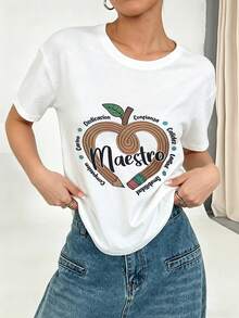 Camiseta de moda femenina de verano de manga corta camiseta de moda casual al aire libre 'love' estampado camiseta casual femenina con patrón relajado - Blanco - Ver 1