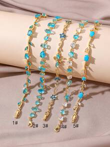 1pc Copper Zirconia Oxidized Decorated Classic Tennis Chain Bracelet, Floral, Leaf, Heart & Geometric Minimalist Multifunctional Design, Niche Luxury Ins-Style Multi-Gemstone Tennis Bracelet, Suitable For Young People To Wear For Party, Daily, Date And Special Occasions As An Eye-Catching Accessory - Gold - View 1