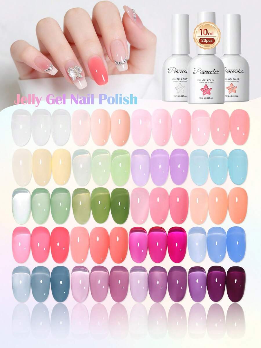 PEACECOLOR 20pcs/10ml Jelly Gel Nail Polish Set, Soak-Off UV LED Semi-Permanent Transparent Nail Gel Manicure Set, Suitable For Nail Salons And Home DIY - Multicolor - View 1