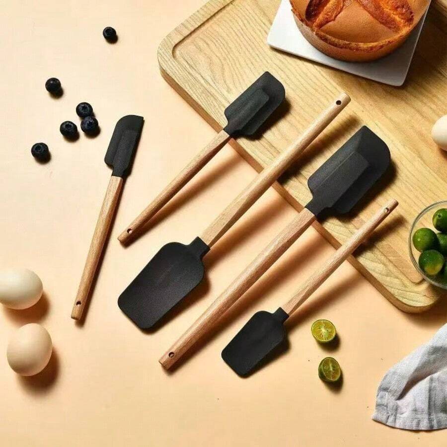 SHAON 5件組多功能矽膠刮刀套組，適用於烘焙、攪拌與烹飪，廚房工具組，耐用木柄