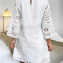Women's Floral Hollow-Out Embroidery Round Neck Flare Sleeve Casual Dress - Verde - Ver 3