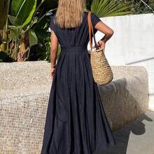 Women's V-Neck Waist Cinched Mid-Length Dress, Short Sleeve Vacation Maxi Dress Sundress - Azul Marino - Ver 3