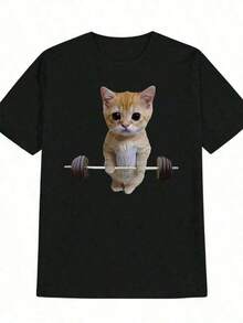 Funny Cat Graphic Tee - Soft And Breathable Fabric, Wrinkle-Resistant And Machine Washable - Black Tee With Orange Kitten Design - For Gym, Casual Wear, Gifts - Lightweight Summer Top For Cat Lovers, Gym Tees, Clothing, Funny Design, Comfortable Fit, Travel Wear, Crew Neck, Durable Material, Short Sleeve Tee, Fitness Enthusiasts, Gym Cat Tee, T-Shirt, Sweatshirt, 100% Heavy Cotton XLJ4 HW03 - 黑色 - 查看 5