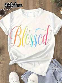 Camiseta de cuello redondo lisa para mujer - Top casual negro de manga corta, lavable a máquina, adecuada para primavera, verano y otoño, cómoda para el uso diario.|   Diseño de texto interesante|   Tela suave y cómoda - Blanco - Ver 6