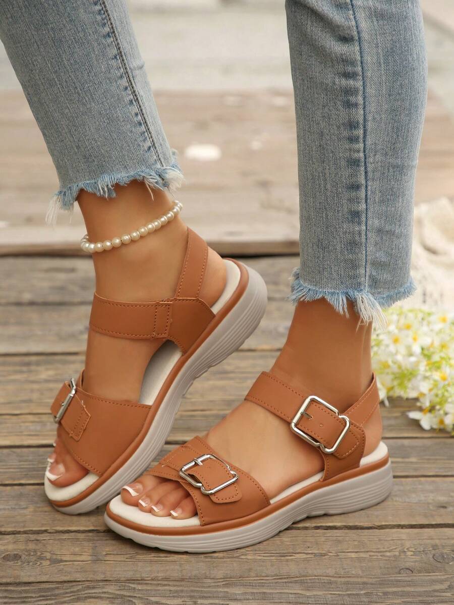 1 Pair Summer New Buckle Sandals, Sporty Style Wedge Heel, Lightweight Hook And Loop, Thick Sole Anti-Slip, Casual Versatile Beach Shoes - Khaki Buckle - View 1