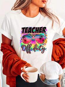 Women's 100% Cotton T-Shirt With Teacher's Day Print, Round Neck, Short Sleeve, Casual Top For Summer And Spring, Women's Clothing. Lightweight, Breathable, A Summer Hit. - 白色 - 查看 12