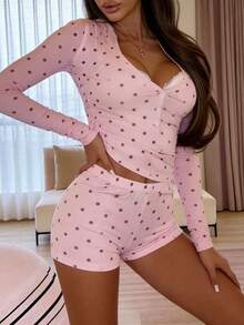 2 piezas Conjunto de pijama con top hombros descubiertos de manga larga + shorts de cintura elástica para mujer - Rosa - Ver 5