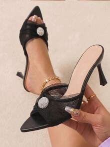 Women's Fashionable Elegant Mesh & Rhinestone Decor Pointed Toe High Heel Sandals, Black, Summer - Black - View 2