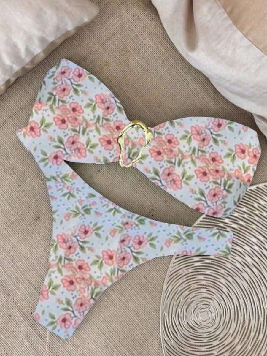 Nuevo conjunto de bikini negro sólido, sexy, elegante, casual, para playa, vacaciones y citas, sin tirantes, para primavera/verano - Multicolor 2 - Ver 1