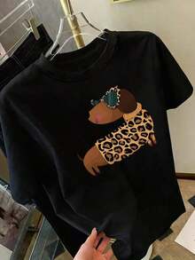 1 Piece Of Short Sleeve T-Shirt With Front Panel, Leopard Dog Print, Casual Short Sleeve Top For Women With Fashionable Dog Print And Round Neck - Women's Clothing, Comfortable Fit, Classic Design, 180g 100% Cotton. - 黑色 - 查看 12