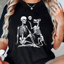 Camiseta de manga corta de verano de mujer con gráfico esqueleto - camiseta cómoda y elegante para el uso informal1 - Negro - Ver 1