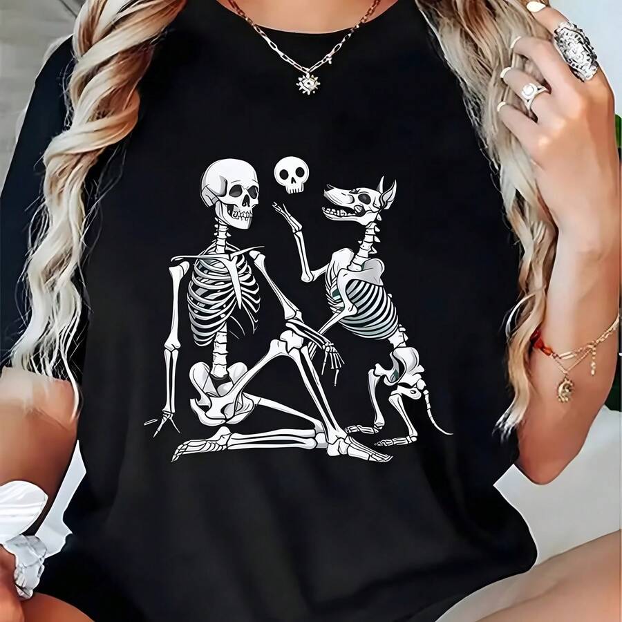 Camiseta de manga corta de verano de mujer con gráfico esqueleto - camiseta cómoda y elegante para el uso informal1 - Negro - Ver 1