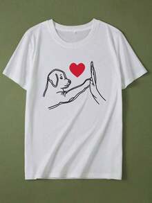 Camiseta de Manga Corta  Mujer con Estampado de Corazón y Perro Dando el Cinco, Cuello Redondo, T30 - Negro - Ver 2