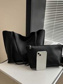 Minimalist Shoulder Tote Bag With Inner Pouch Black Vintage Tote Bag Large Capacity Solid Color Shoulder Bag With Insert Fouch,School Bag,Large Capacity,Portable,Classic Casual,BusinessCasual,For Teen Girls Women College Students,White-Collar Workes, - Black - View 6