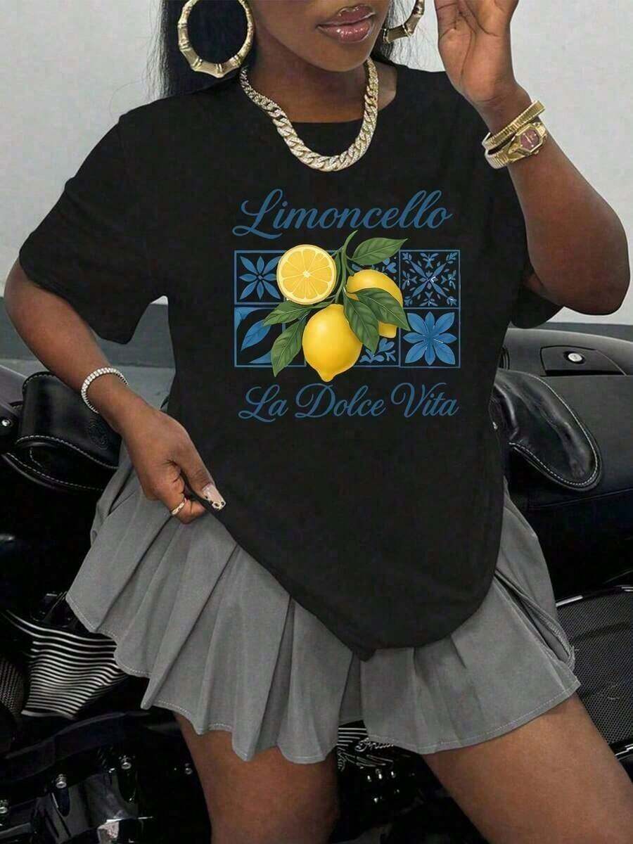 Camiseta Gráfica Limoncello, Manga Corta, Cuello Redondo, Estilo Casual para Verano y Primavera, Camiseta para Mujer con Estética Y2K, Estampado de Letras, Manga Corta, Adecuada como regalo. playera de mujer. blusas>elegantes. boho chic,Top de mujer suave, transpirable y cómodo, ideal para primavera, verano y otoño, perfecto para vacaciones, viajes y uso diario. Adecuado como regalo. playera de mujer. blusas>elegantes. boho chic,Top de mujer suave, transpirable y cómodo, ideal para primavera, verano y otoño, perfecto para vacaciones, viajes y uso diario. - Negro - Ver 1