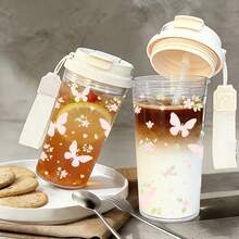 1個/5個 500ml 櫻花與蝴蝶圖案塑膠杯附吸管，冰咖啡果汁咖啡茶燕麥奶，透明冰咖啡杯配精緻粉色花卉與蝴蝶圖案，適合日常使用，女孩與自然愛好者的理想禮物 - 多色-蝴蝶玫瑰 - 查看 1