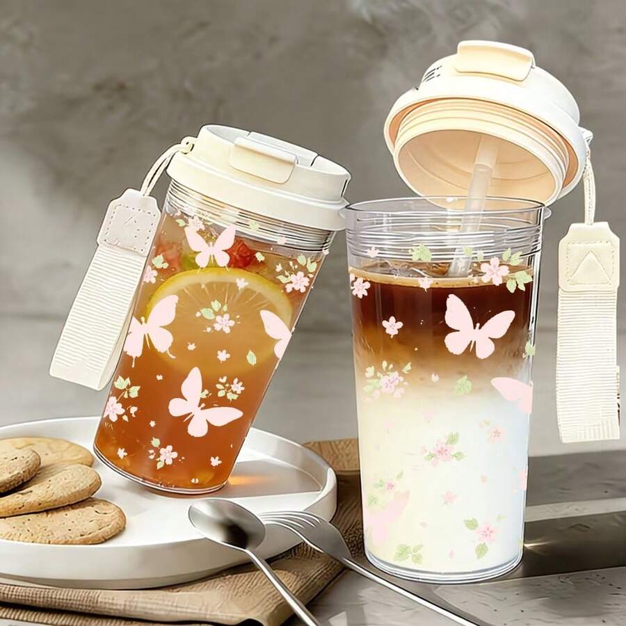 1個/5個 500ml 櫻花與蝴蝶圖案塑膠杯附吸管,冰咖啡果汁咖啡茶燕麥奶,透明冰咖啡杯配精緻粉色花卉與蝴蝶圖案,適合日常使用,女孩與自然愛好者的理想禮物 - 多色-蝴蝶玫瑰 - 查看 1