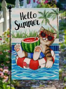 12x18 英寸“Hello Summer Kitty”花园旗，双面夏季沙滩庭院旗，图案为戴着西瓜时尚眼镜的可爱小猫咪和热带棕榈树装饰，适合户外露台草坪使用。 - O - 查看 2