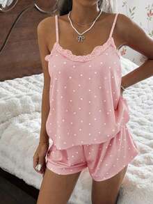 Conjunto de pijama para mujer, de tela de canalé, con estampado de corazones y aplicaciones de encaje, romántico, dulce, lindo y sexy, con camiseta y shorts - Rosa - Ver 4