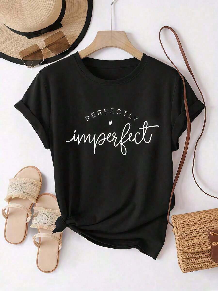 Camiseta de manga corta para mujer con estampado "Perfectly Imperfect", unisex, de cuello redondo, informal, de tejido ligero, lavable a máquina, para primavera/verano/otoño, Navidad, Día de San Valentín. - Negro - Ver 1